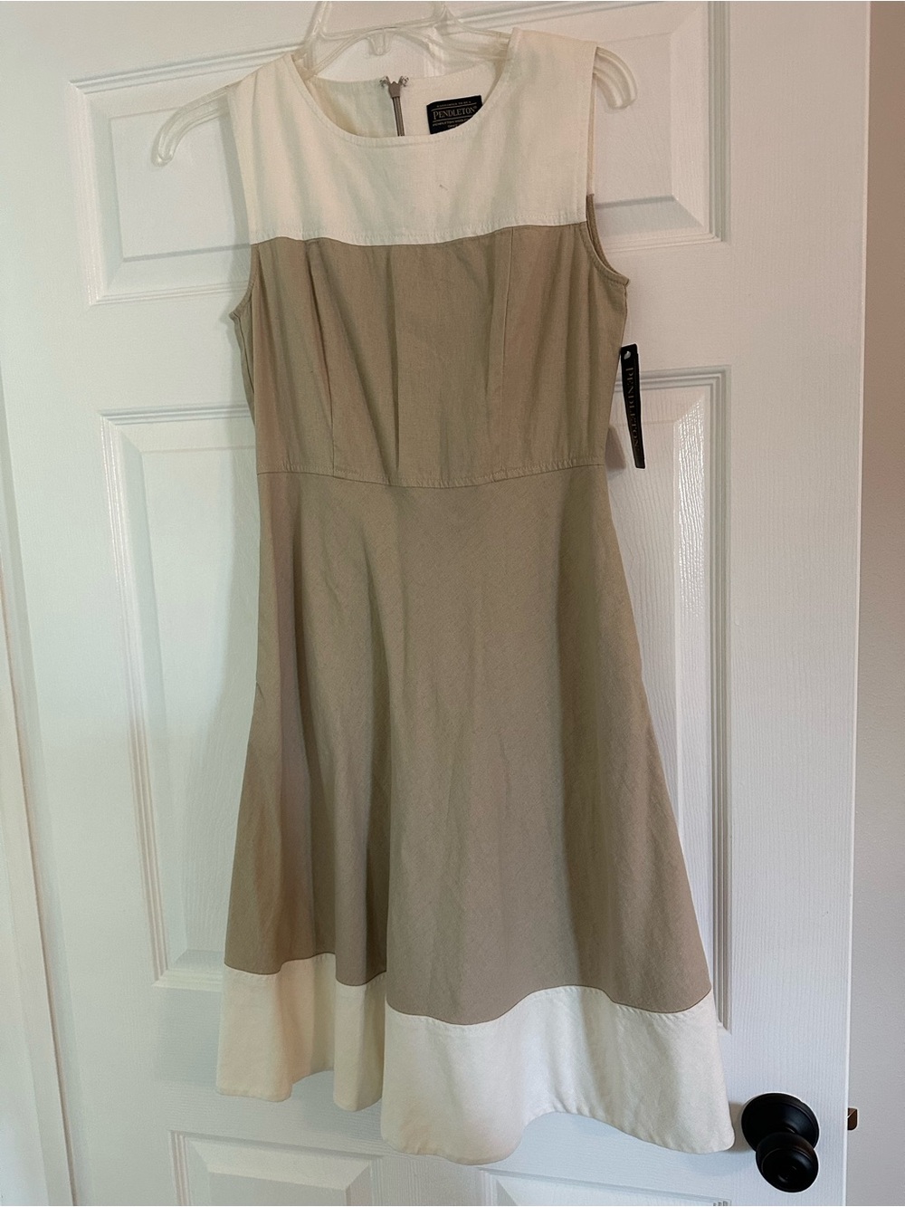 Pendleton Two-Tone Sleeveless A-Line Dress in Beige and White